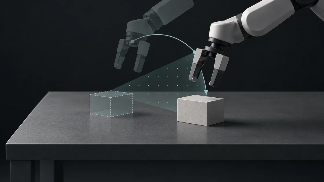 Illustration of a robot observing an object's new position and revising its grasp path